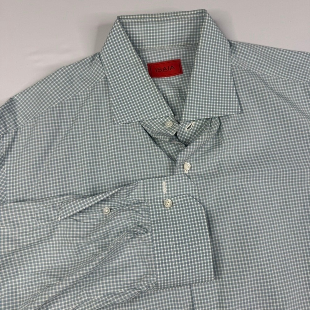 Isaia Napoli Mens Dress Shirt Size 17.5 Blue White Gingham Check Italy‎